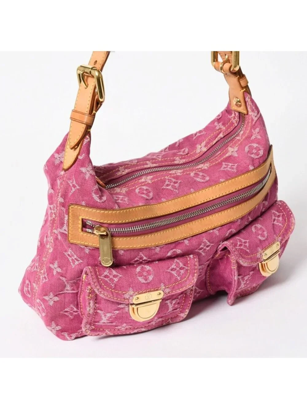 Louis Vuitton Baggy PM Shoulder Bag Monogram Denim Leather Pink Gold